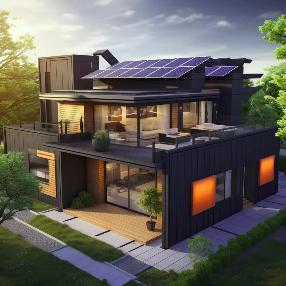 Modern home with rooftop solar panels